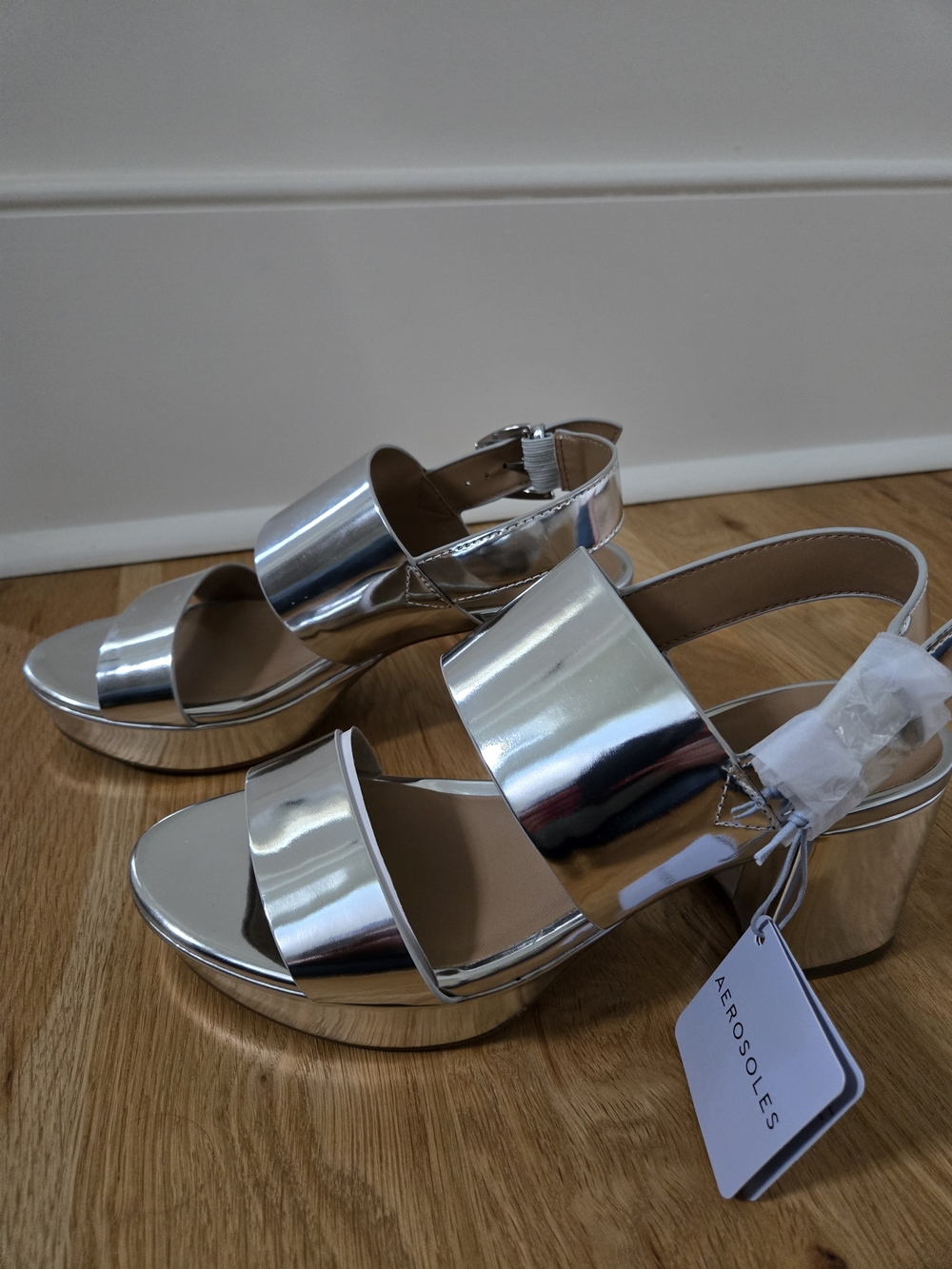AEROSOLES Silver Metallic Platform Block Heel Sandals - Picture 5 of 5